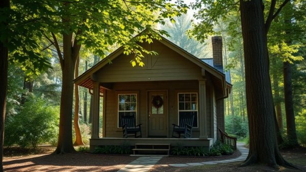 Cozy DIY tiny house with porch in a forest setting.