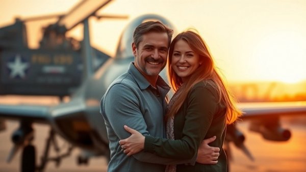 Couple in front of aircraft supporting military family geo-baching.