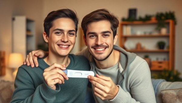 Young couple with pregnancy test in cozy home setting
