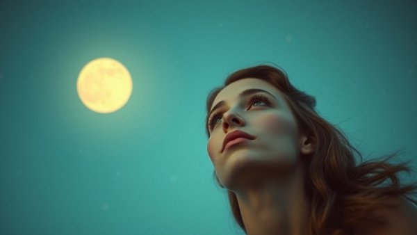 Vintage woman gazing at full moon in celestial sky, dreamy atmosphere.