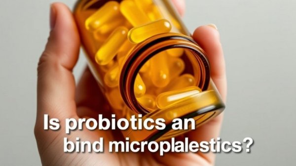 Probiotics in amber bottle with text about binding microplastics.