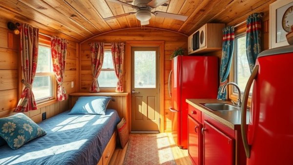 Cozy rustic tiny home trailer interior with blue bed and red appliances.
