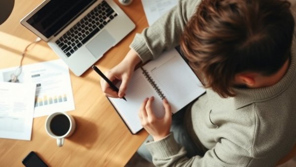 Person writing inspiration stories at a desk with a laptop.