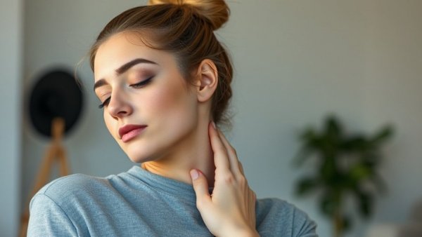 Young woman massaging neck indoors to stay active with pain.