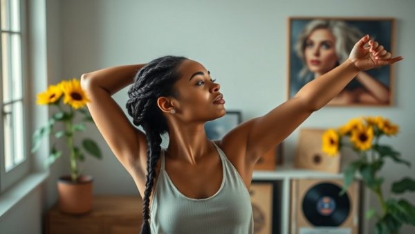 Relaxed woman doing a stretching routine on a yoga mat indoors.