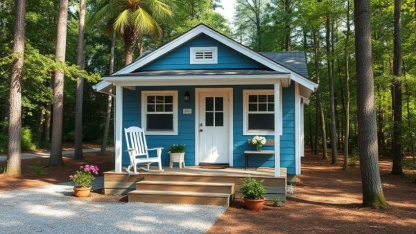 Charming blue tiny home in wooded area with front porch seating