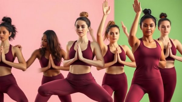Women demonstrating Eagle Pose variations in yoga against colorful backgrounds.