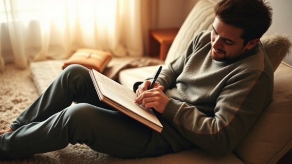 Person practicing journaling for anxiety relief on carpet.