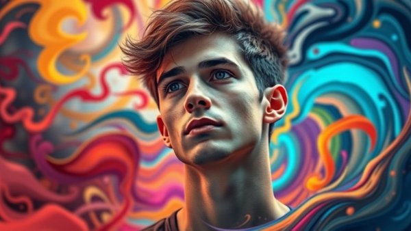 Contemplative young man amid vibrant swirling colors symbolizing emotional wellness.