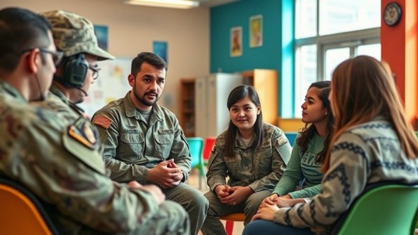 Military personnel talking to teens in community center survey.