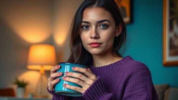Young woman holding a mug in a cozy setting, promoting emotional wellness.