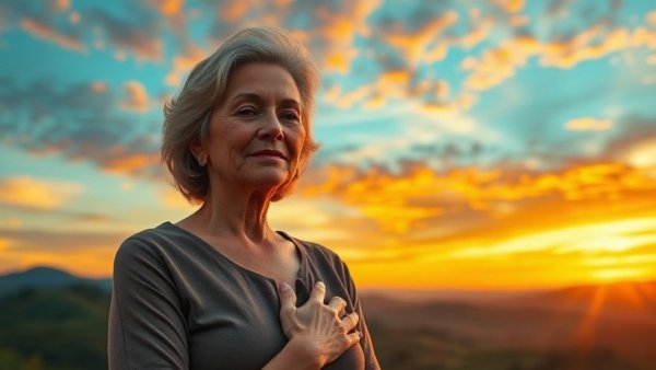 Serene mature woman enjoying sunset, self-care for military wives.