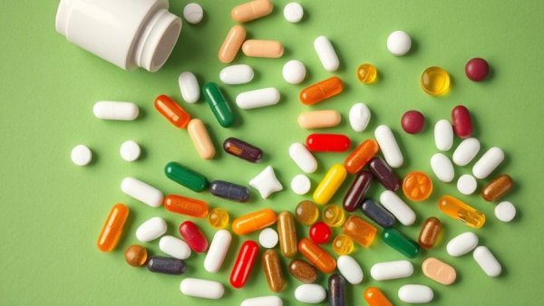 Assorted dietary supplements scattered on a green surface