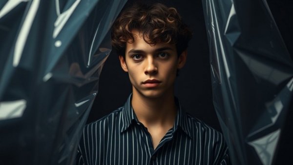 Young man in striped shirt expressing unprocessed emotions