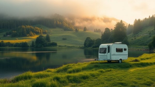 Nature-based breaks for wellbeing by a serene riverside with caravan.