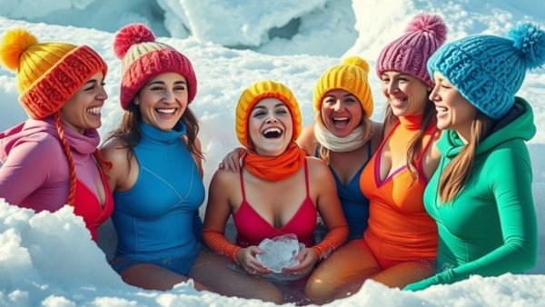 Women enjoying a cold plunge in icy water, showcasing resilience.