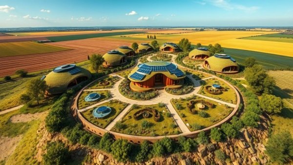 Aerial view of eco-friendly earth design living with solar panels and gardens.