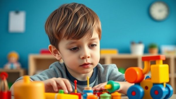 Young boy engaging with educational toys in a classroom setting.