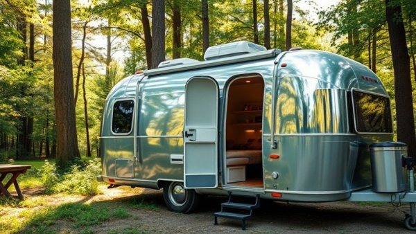 Shiny Airstream trailer in forest, life on the road vibes