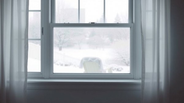 Snowy backyard seen through window shutters, serene and tranquil setting.