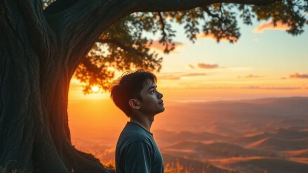 Emotional wellness depicted by a man relaxing under a tree at sunset.