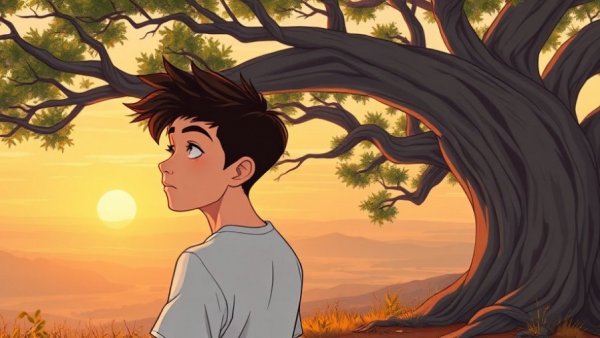 Contemplative man managing anxiety during deployment under a tree at sunset.