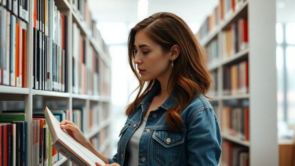 Woman choosing a book in a library to save money.