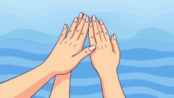 Illustration of hands managing stress, soothing blue waves.