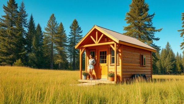 Charming tiny home options: wooden house in a sunny field