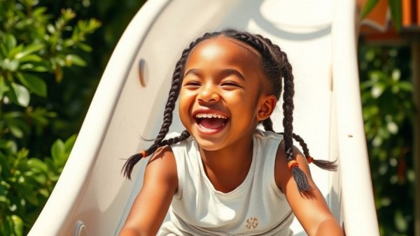 Joyful child at Operation Purple Camp for Military Kids enjoying a slide.