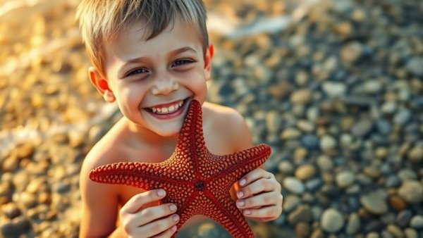 Young boy enjoying summer activities near JBLM with a starfish.