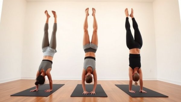 Women demonstrating benefits of headstands in yoga studio