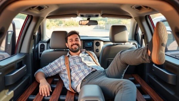 Relaxed man on in-cab bed inside Toyota Tundra, daylight setting