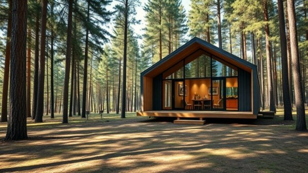 Mirrored cabin in Cairngorms reflecting lush forest scenery.