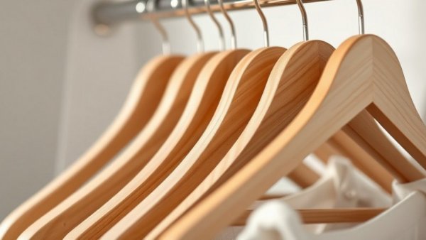 Neatly arranged wooden hangers in wardrobe to reduce clutter.