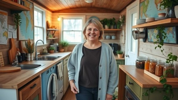 Tiny homes options showcasing vibrant interior with woman.