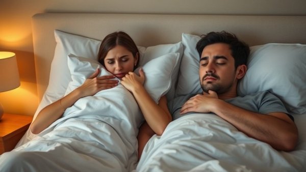 Snoring solutions: Woman covers ears due to snoring partner.