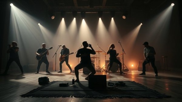 Doom Metal Yoga fusion with yoga mat and concert silhouettes.