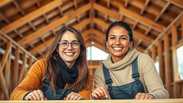 Two women enjoying work in a rustic construction setting, life on the road.