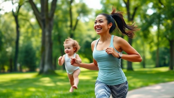 Mother exercising with baby outdoors, symbolizing lifestyle changes.