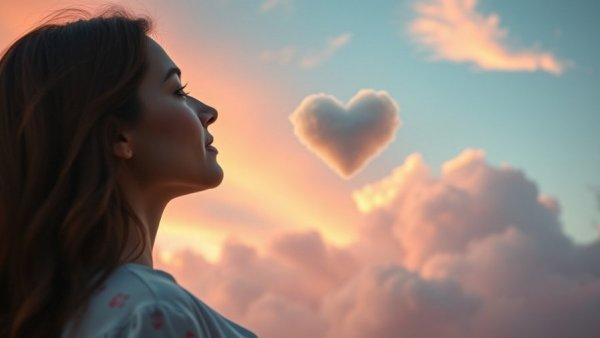 Woman experiencing emotional wellness beneath heart-shaped cloud.