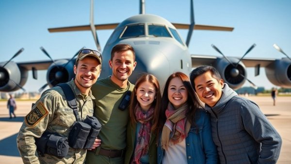 Inspiration stories: Happy family with military members near aircraft.