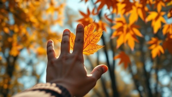 Whimsical fall activities hand reaches vibrant leaves