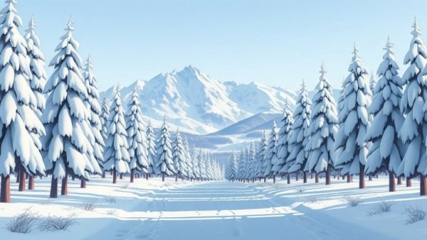 Serene winter scene with snowy path and mountains.