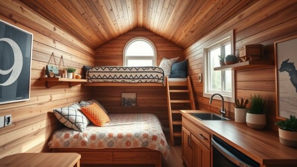 Cozy tiny home for sale featuring wood interior and modern kitchen.