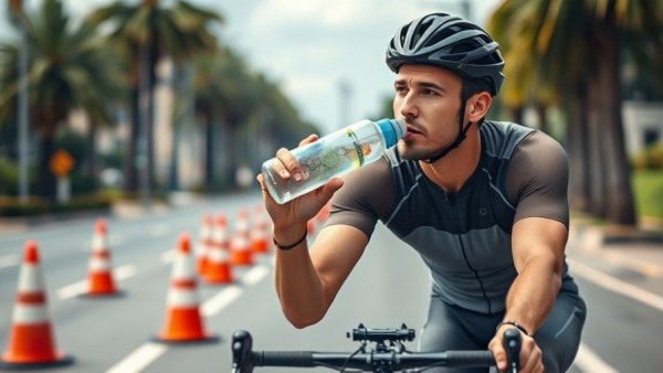 Cyclist drinks from bottle, related to post-ride recovery carb ratio.