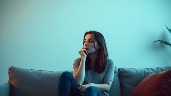 Emotional wellness: thoughtful woman on sofa painting