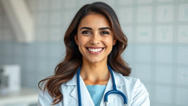 Smiling woman promoting military spouse careers in healthcare setting.