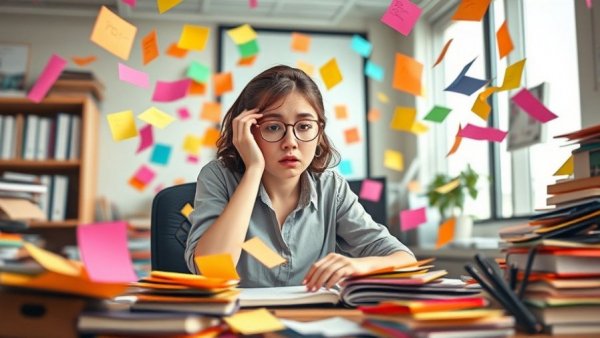 Young woman stressed at desk with sticky notes, emotional wellness concept.