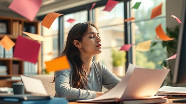 Woman managing stress at desk surrounded by flying papers.